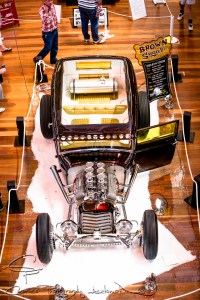 brown sugar, ford tudor, fifties hot rod, yellow and white interiors