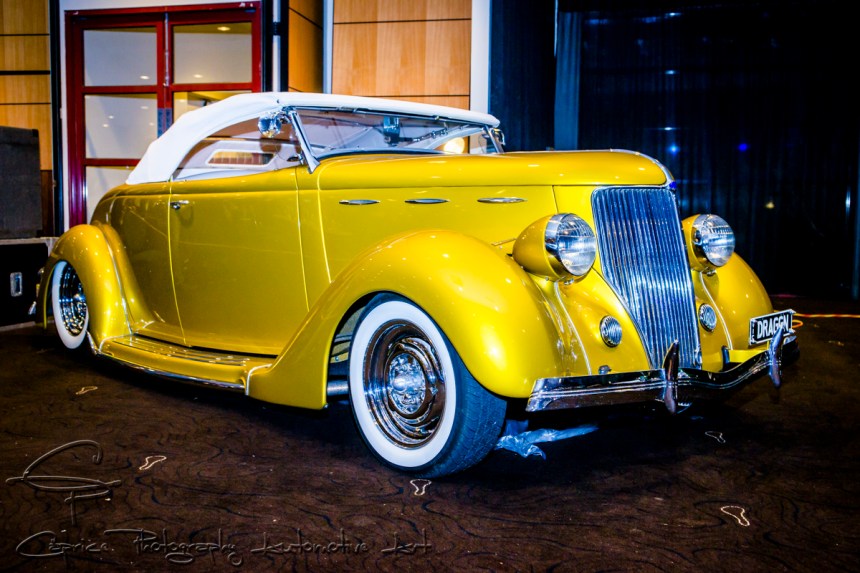 yellow hot rod, 35 ford rod